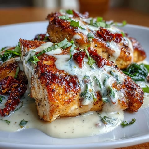 Creamy Tuscan Chicken with Sun-Dried Tomatoes in a rich Parmesan sauce, served with wilted spinach and fresh basil.  
