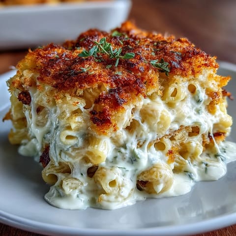 Rich and creamy mac and cheese bake, featuring a smooth cheddar sauce and crunchy Parmesan panko crust, perfect for holiday feasts.  