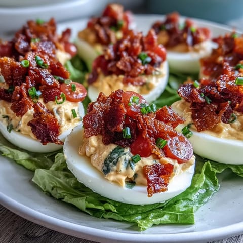 BLT Deviled Eggs with Crispy Bacon Crumbles: creamy yolk filling topped with lettuce, tomatoes, and crunchy bacon in a classic appetizer.