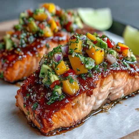 Baked salmon with mango avocado salsa served on a white plate with colorful tropical topping.  