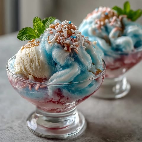 Cotton Candy Lemonade Float with a scoop of vanilla ice cream, cotton candy swirls, and fresh lemon slices in a tall glass.