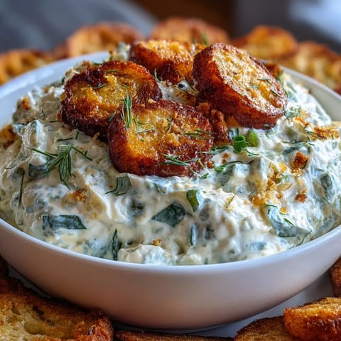 Tangy fried pickle dip with ranch and cream cheese, served warm.
