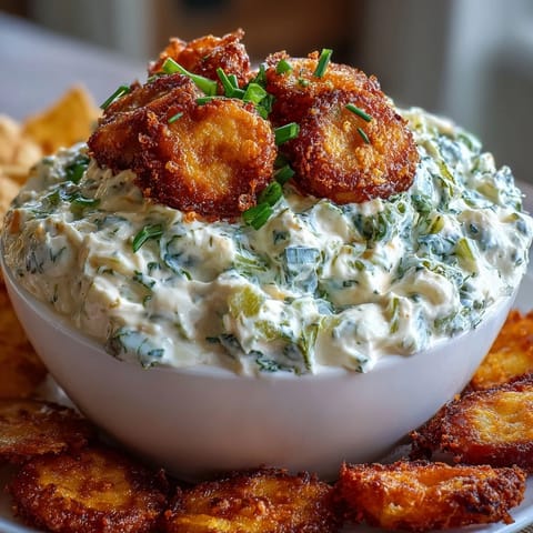 Creamy fried pickle dip with crunchy garnishes, perfect for party appetizers.