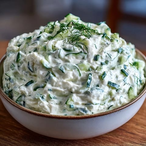 Creamy Skyr Tzatziki Dip with fresh cucumber and dill, perfect for dipping.
