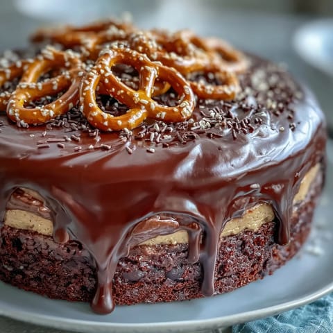 Moist chocolate cake layers filled with creamy peanut butter and salty pretzel crunch.