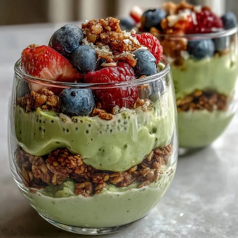 A vibrant Fiber-Rich Avocado Chia Pudding Parfait topped with crunchy granola.