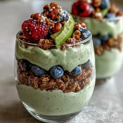 Creamy Fiber-Rich Avocado Chia Pudding Parfait layered with fresh berries.