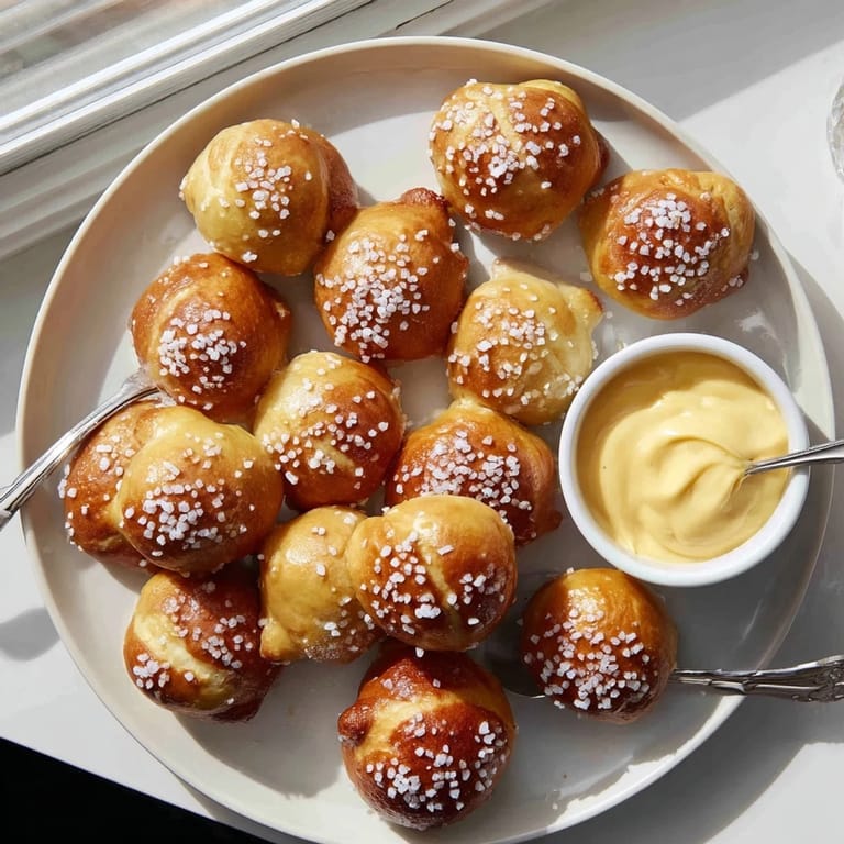 A bowl of creamy cheese dip surrounded by soft, golden Pretzel Bites for a party snack.