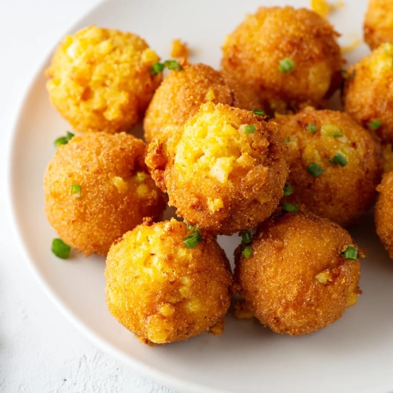Crisp cornmeal Hushpuppies piled high on a platter, ready to be dipped in tartar sauce.