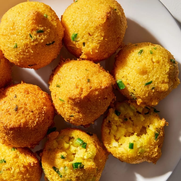 A close-up of tender, savory Hushpuppies, steam rising from their golden, crunchy exterior.