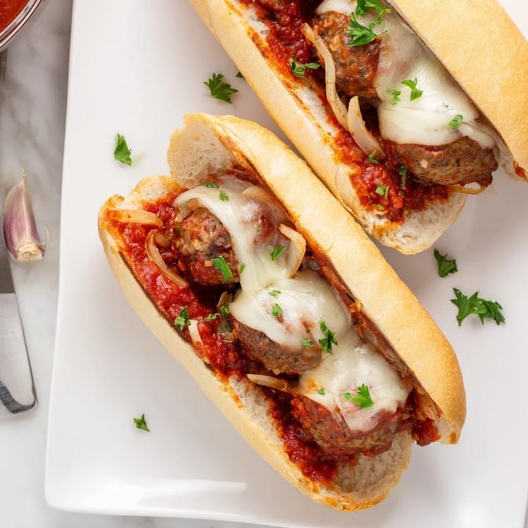 Close-up of a cheesy Meatball Sub, steam rising from the gooey provolone and savory marinara inside a soft roll.