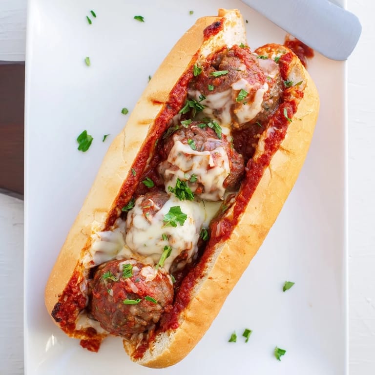 Ready-to-serve Meatball Sub with four tender beef and pork meatballs, garnished with fresh parsley on a hoagie roll.