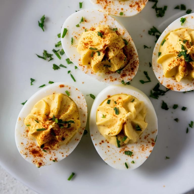 Classic Deviled Eggs garnished with paprika and chives, perfect for a party appetizer spread.