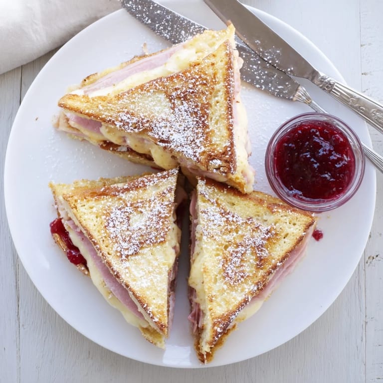 Monte Cristo sandwich dipped in egg batter and pan-fried, featuring crispy edges, savory ham, and gooey Swiss cheese on white bread.