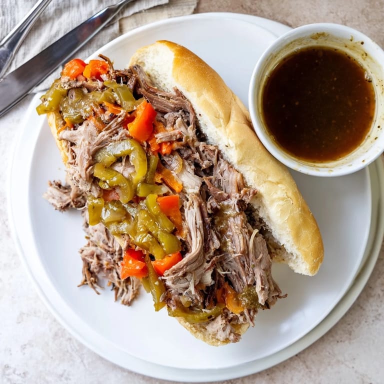 Freshly assembled Italian Beef Sandwich overflowing with giardiniera, roasted peppers, and rich au jus on a toasted bun.