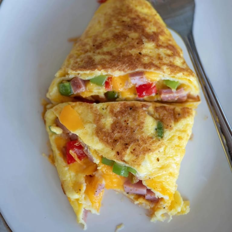 Crumbled ham, sautéed red and green bell peppers, and onions peek through the tender, fluffy interior of this hearty Denver Omelet.