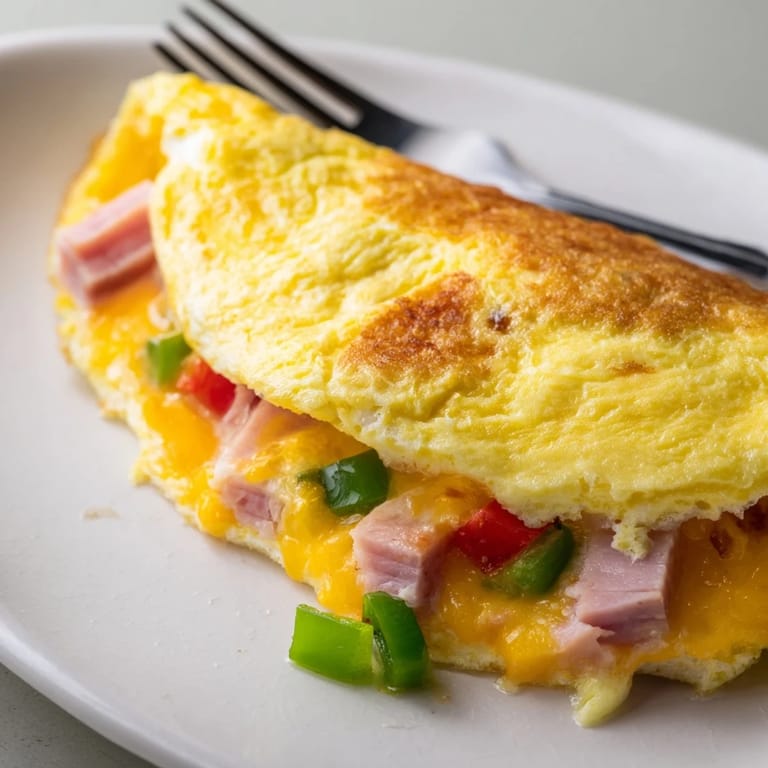 Served on a white ceramic plate with a side of crispy hash browns, this Denver Omelet looks like the perfect classic breakfast.