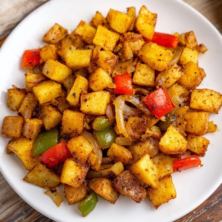 Close-up of seasoned Home Fries revealing fluffy interiors and golden crusts on a rustic platter.