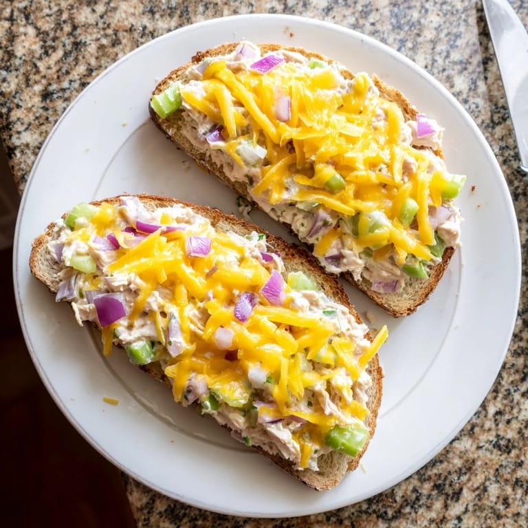 Fresh diced tomato and creamy tuna filling are layered on a warm, open-faced Tuna Melt ready to be enjoyed.