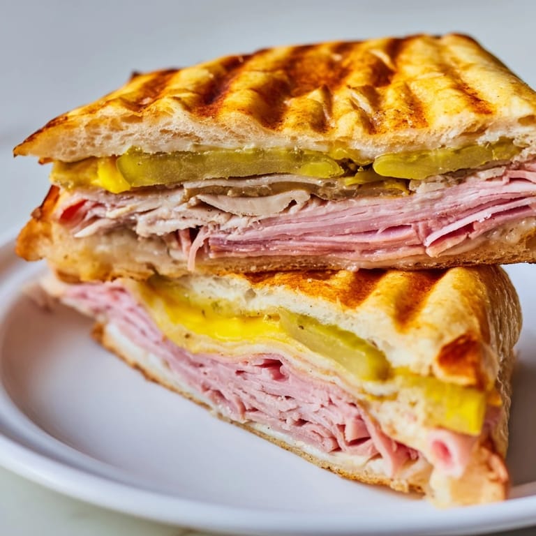 Sliced diagonally on a wooden board, this iconic Cuban sandwich reveals layers of savory pork, ham, Swiss, and tangy pickles, ready to serve.