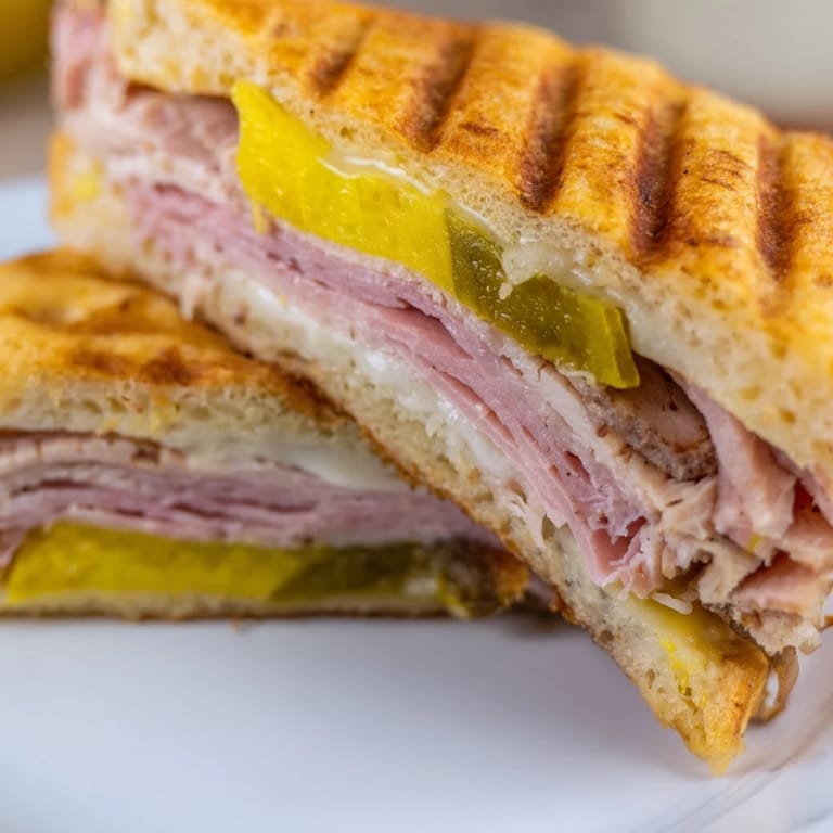 Close-up of a toasted Cuban sandwich with golden-brown bread, buttery crust, and visible layers of roast pork, ham, Swiss cheese, and mustard.