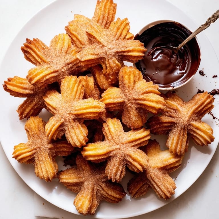 Golden churros on a plate beside a mug of rich chocolate dipping sauce.