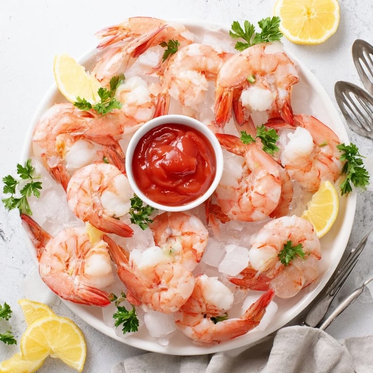 Classic shrimp cocktail served in a glass with tangy red sauce and a bright lemon garnish.