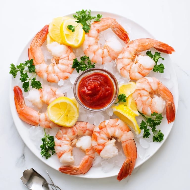 Chilled shrimp cocktail recipe plated over lettuce, ready to serve with bold, homemade cocktail sauce.