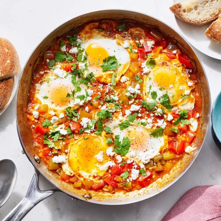 A hearty serving of Shakshuka with runny yolks and a vibrant tomato base, garnished with crumbled feta and chopped parsley, served alongside crusty bread for dipping.