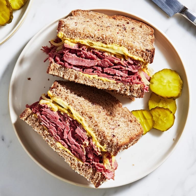 Close-up of a Pastrami on Rye served with a crunchy dill pickle spear.