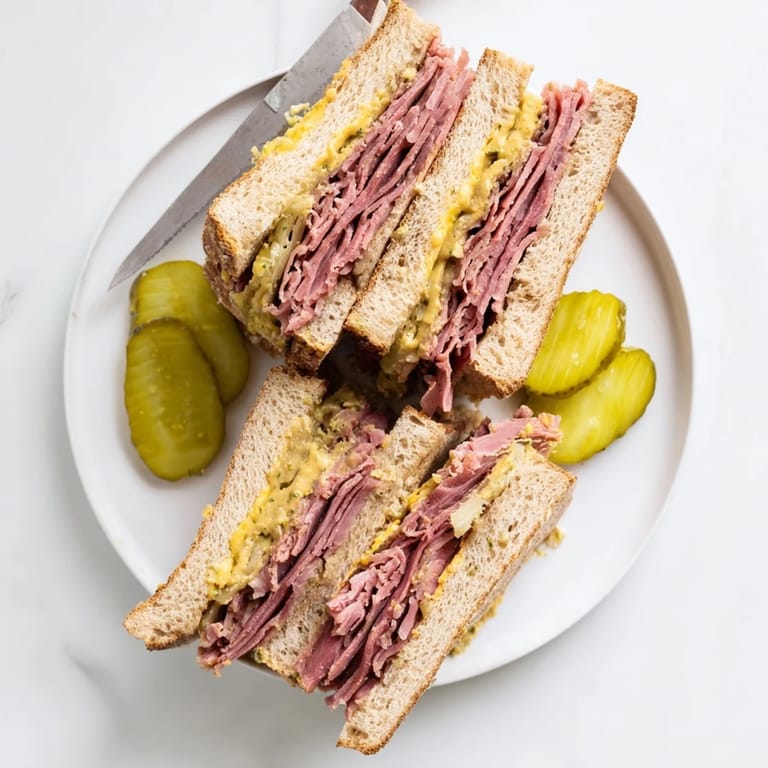 Homemade Pastrami on Rye with rye bread and yellow deli mustard close-up.