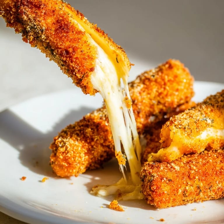 Crispy, golden Mozzarella Sticks stacked on a plate with a bowl of marinara, perfect for game day snacking or party appetizers.