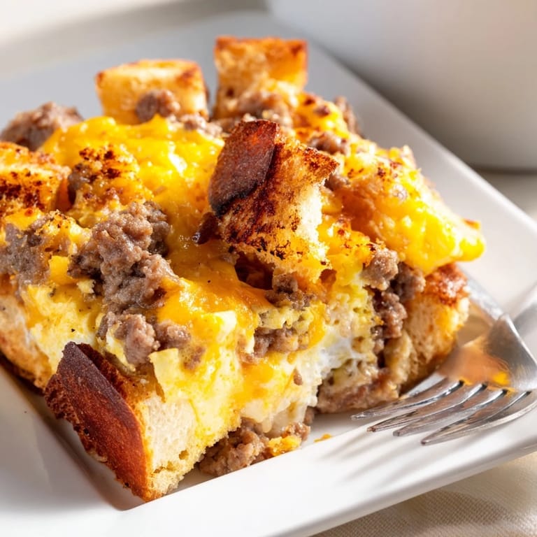 Savory Breakfast Sausage Casserole topped with golden cheese, featuring tender bread cubes and sausage in a rich egg custard.