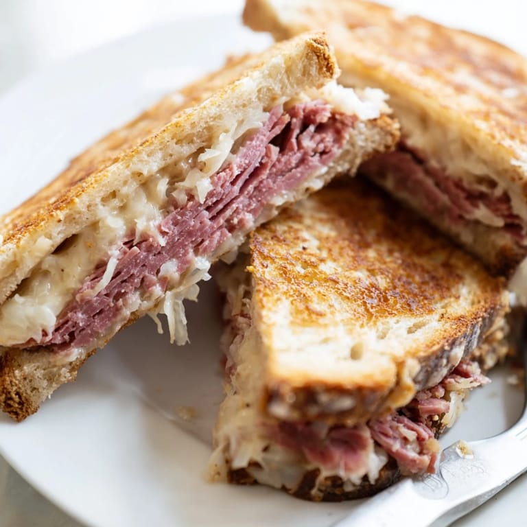 Griddled Reuben Sandwich on rye bread overflowing with juicy corned beef, Russian dressing, and melted Swiss cheese on a plate.