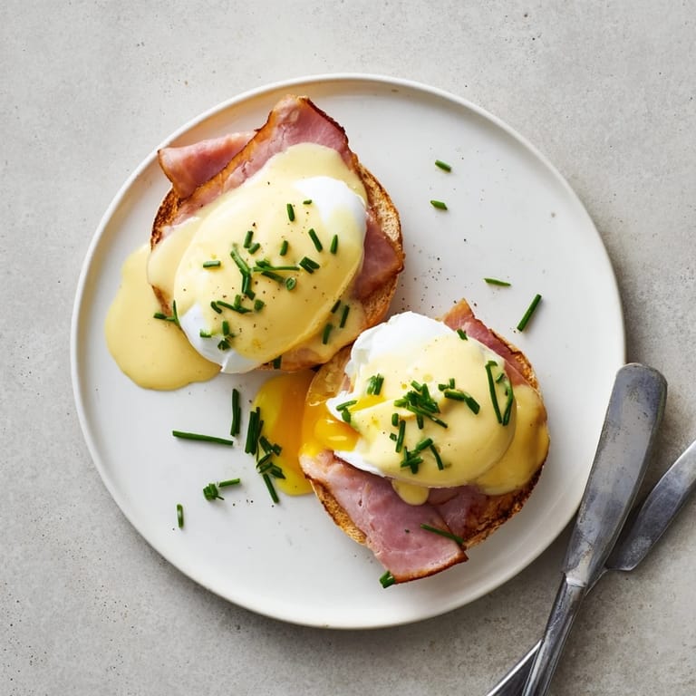 A plated serving of Eggs Benedict topped with fresh chives, showcasing perfectly cooked poached eggs and warm Canadian bacon slices.