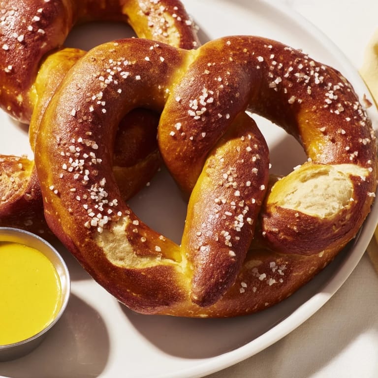 Homemade Soft Pretzels with a shiny egg-wash crust and coarse salt, ready to serve warm with mustard at a snack spread.