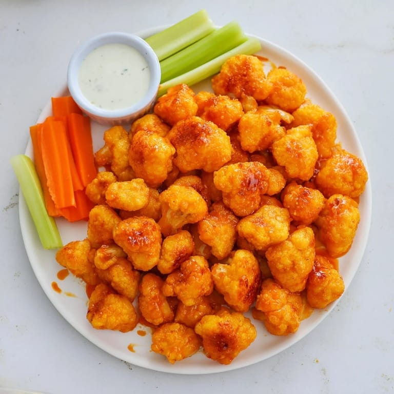 Roasted Buffalo Cauliflower Wings on a baking sheet, tossed in buttery hot sauce with optional carrot sticks for dipping.