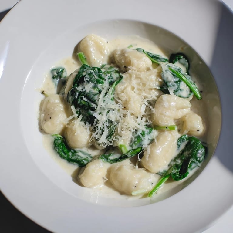 Tender potato gnocchi coated in a creamy garlic parmesan sauce, served hot and garnished with fresh black pepper.