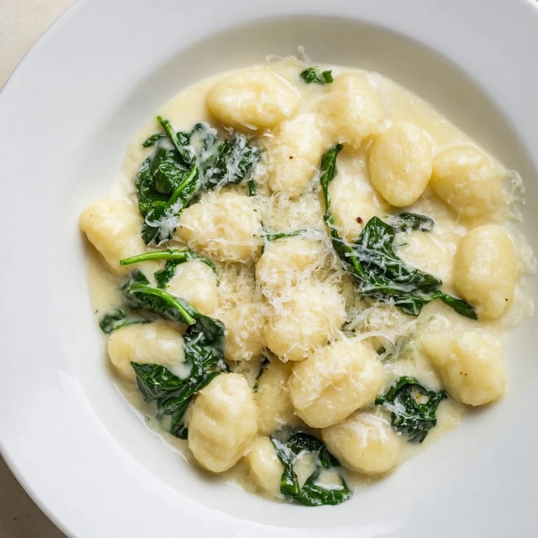 A close-up of creamy garlic gnocchi with wilted spinach, ready to serve as a comforting vegetarian main dish.