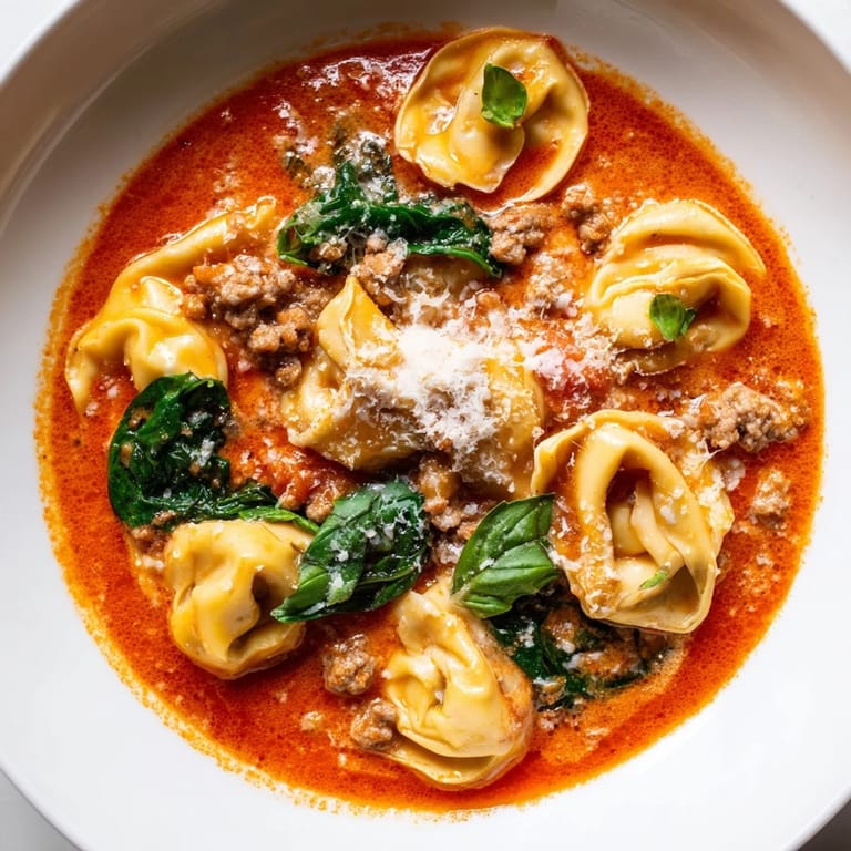 Hearty bowl of Tuscan Tortellini Soup garnished with Parmesan, served steaming hot for a cozy family dinner.