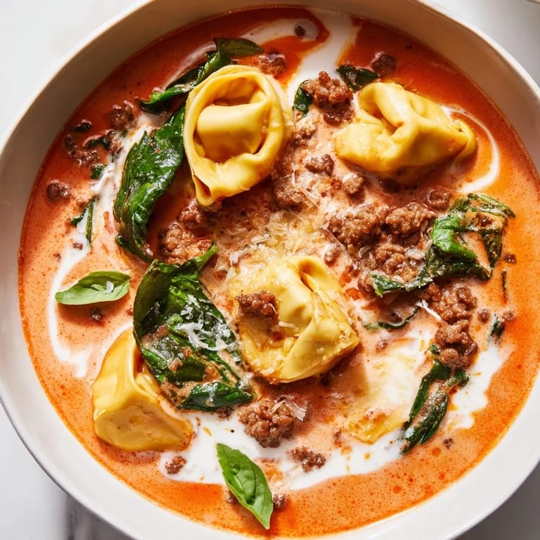 Vibrant Tuscan Tortellini Soup featuring wilted spinach, savory sausage, and tender tortellini swimming in a creamy tomato broth.