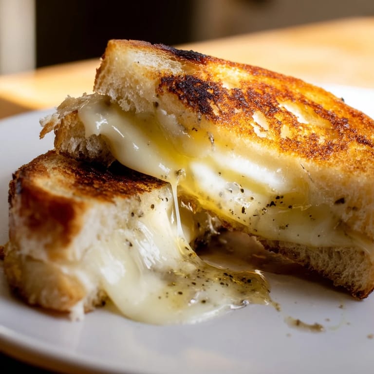 Served on a rustic plate, this Truffle Grilled Cheese offers melted cheese and crispy, buttery bread for an indulgent snack.
