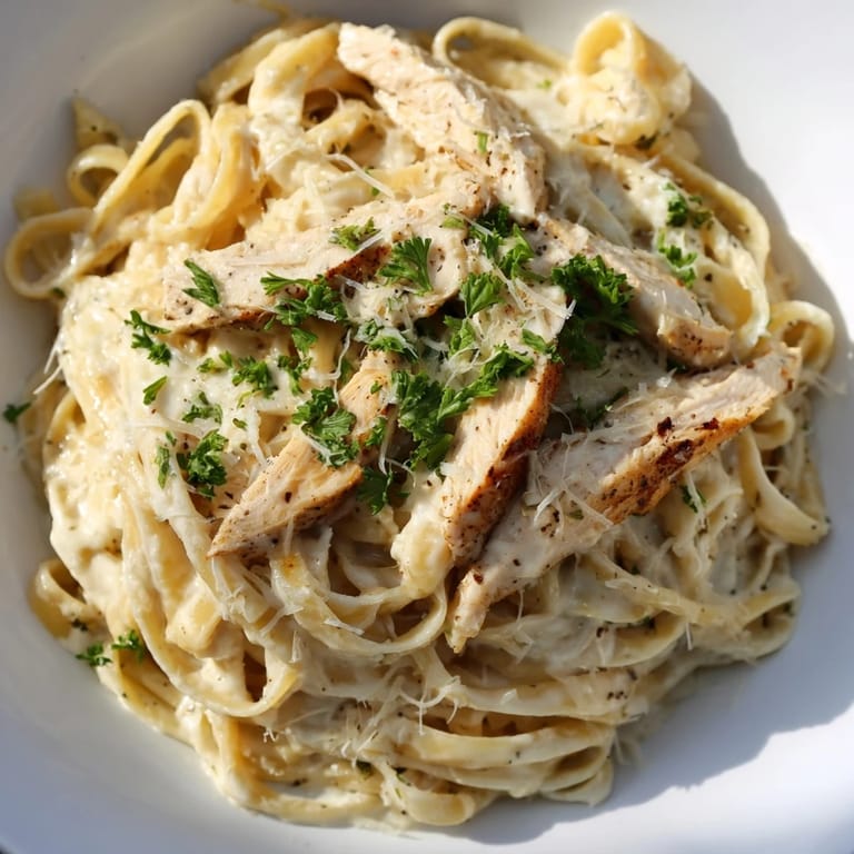 A skillet of Cajun Chicken Alfredo featuring spicy seasoned chicken breasts and silky Alfredo sauce tossed with perfectly cooked pasta.  