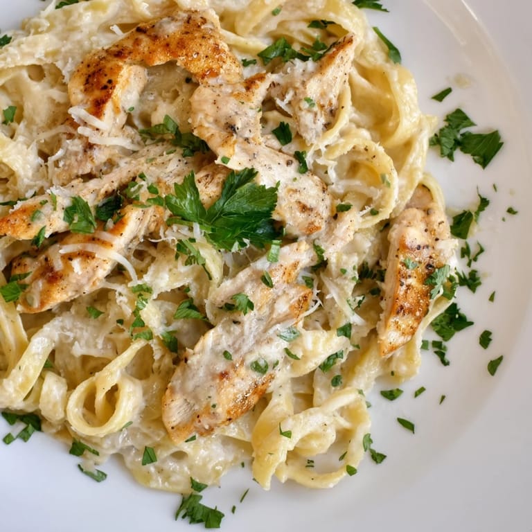 Steaming Cajun Chicken Alfredo plated in a shallow bowl, garnished with parsley, offering a rich, creamy texture perfect for American comfort food lovers.