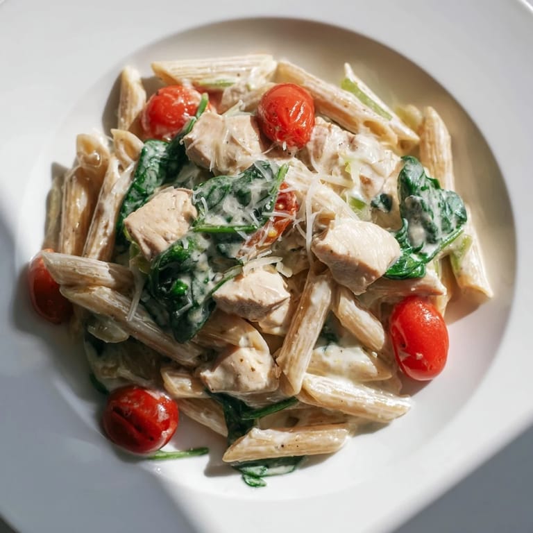 A close-up of Greek Yogurt Chicken Pasta garnished with fresh basil and cherry tomatoes.  