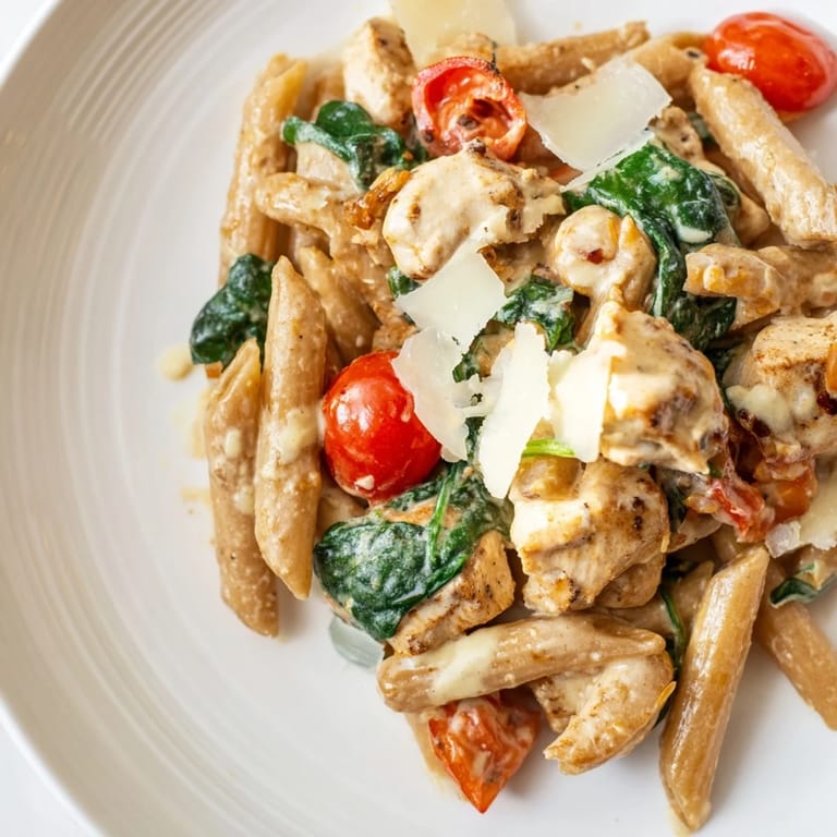 Easy Greek Yogurt Chicken Pasta served with whole wheat penne and spinach in skillet.