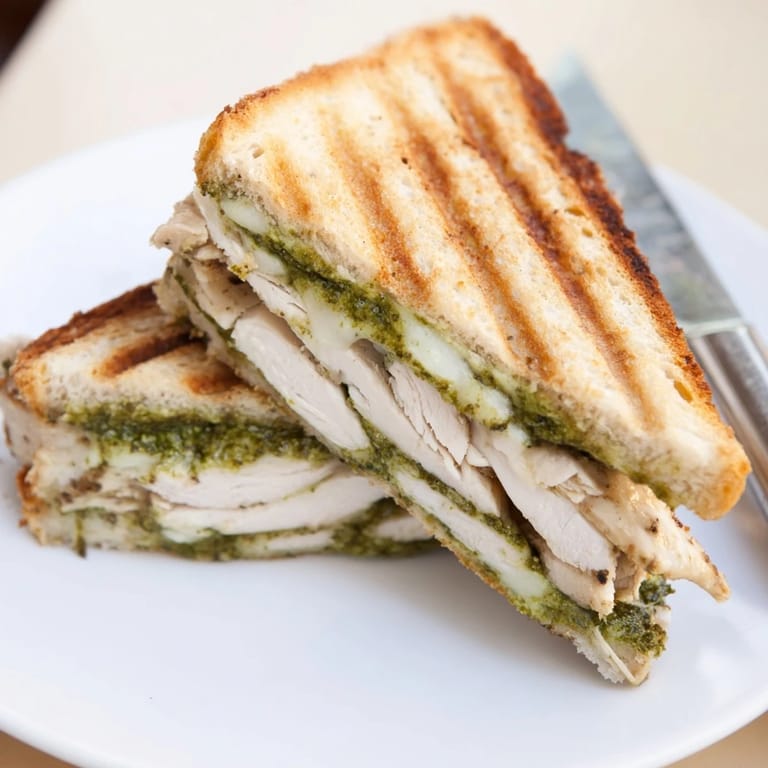 A close-up view of a cut Chicken Pesto Panini revealing juicy grilled chicken layers, vibrant green pesto, and tomato slices on toasted bread.