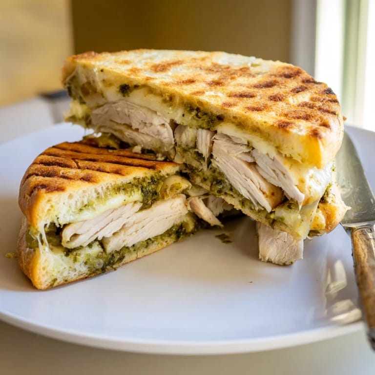 Homemade Chicken Pesto Panini served on a checkered napkin with a side of mixed greens and a glass of chilled white wine.