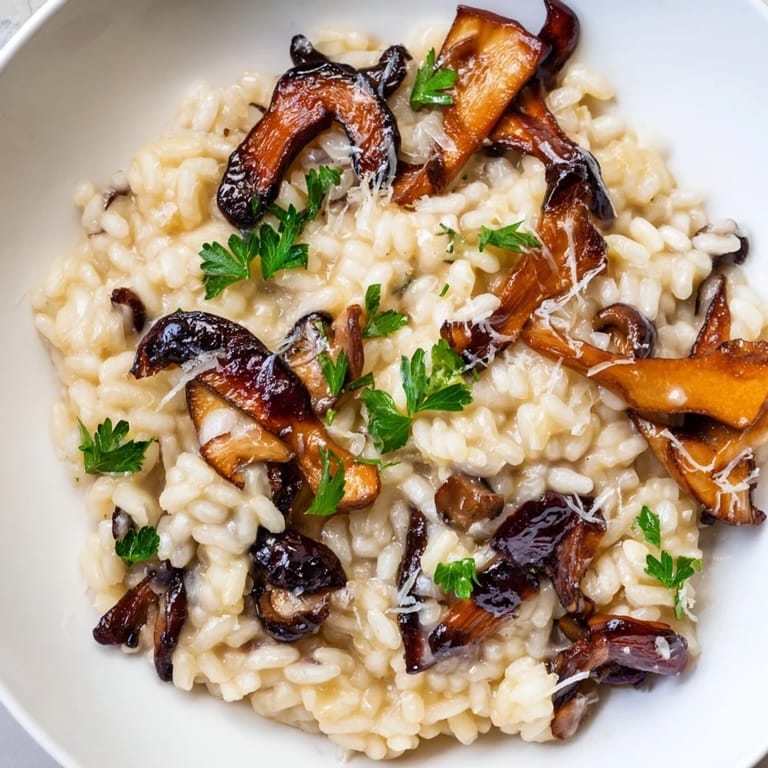 Close-up of a rich Roasted Mushroom Risotto, showcasing tender roasted mushrooms blended into creamy rice and finished with parsley.