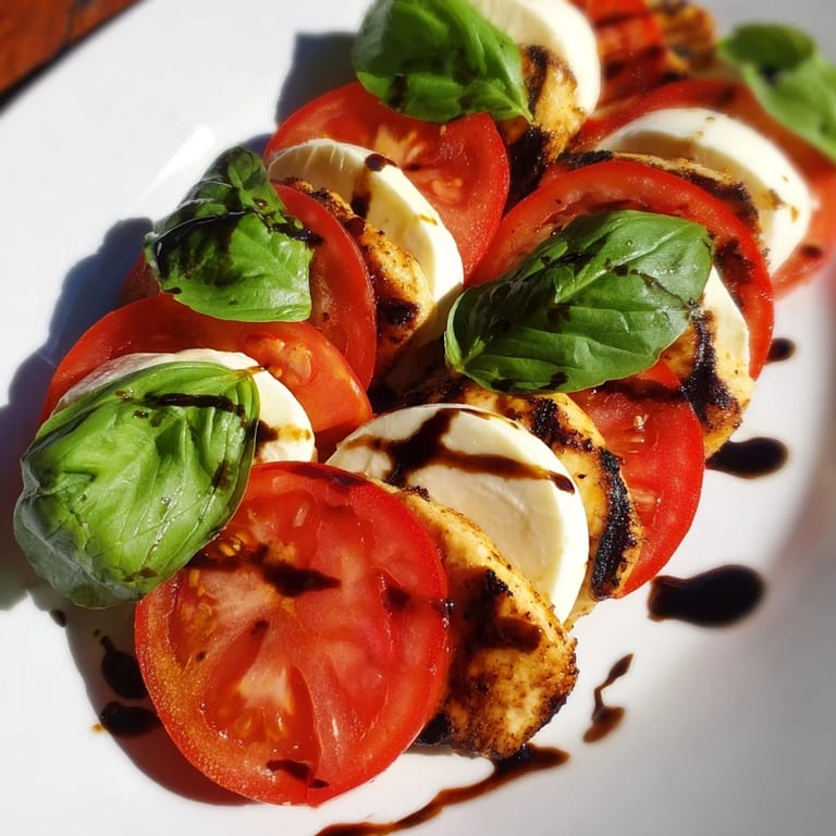 Chicken Caprese Salad with colorful tomatoes, mozzarella, and basil, drizzled with balsamic glaze on a white serving plate.